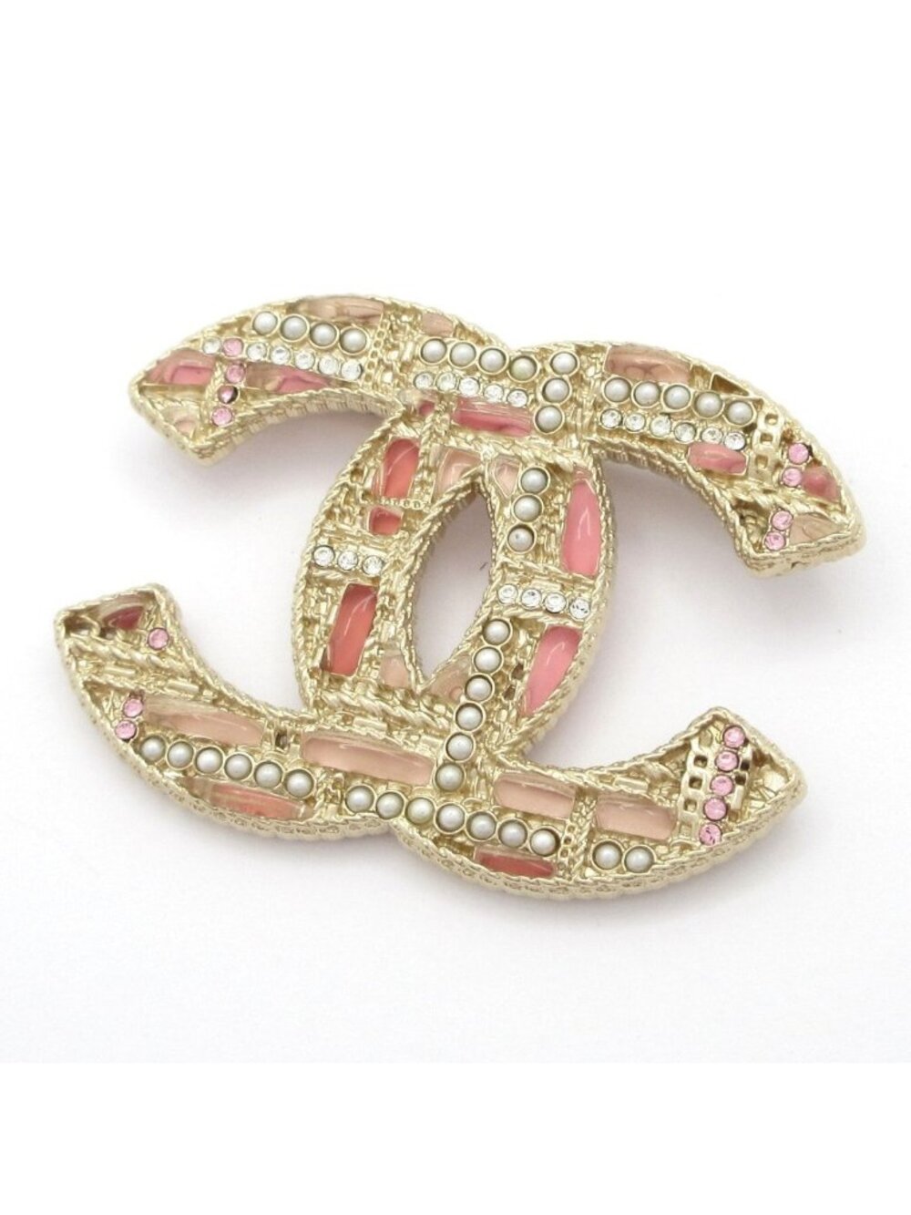 Chanel Brooch Gold Pink Multi CC Logo Plaid Pattern